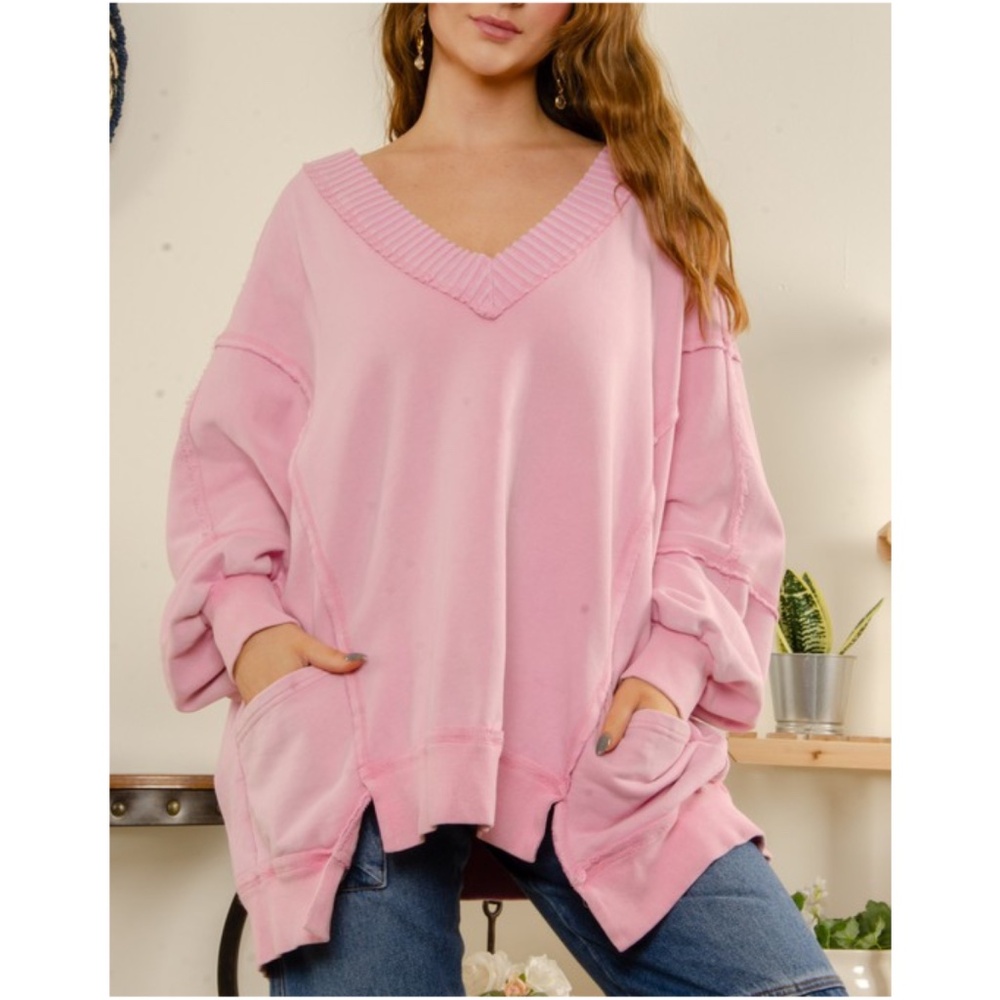 Pink V-Neck Oversized Sweater